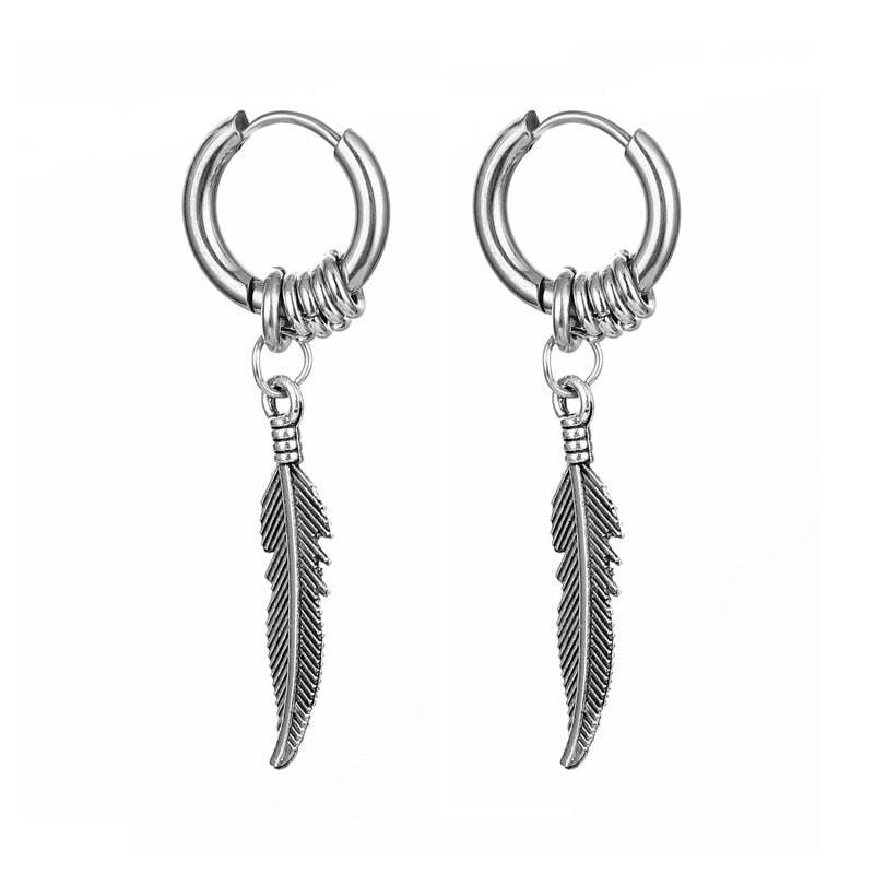 1Pcs Fashion Feather Hoop Stud Earrings For Women men 2022 New Punk Rock Style High Quality Stainless Steel Ear Jewelry Earrings