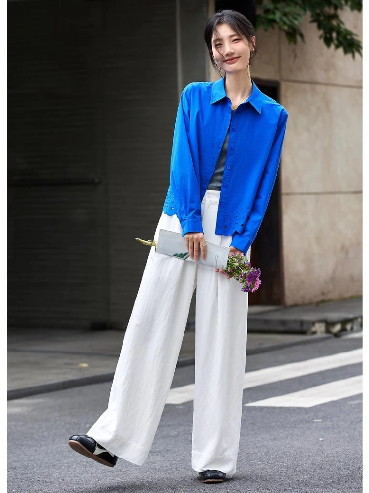 Women’s Blue Embroidery Cotton Shirt - Jeglowstore