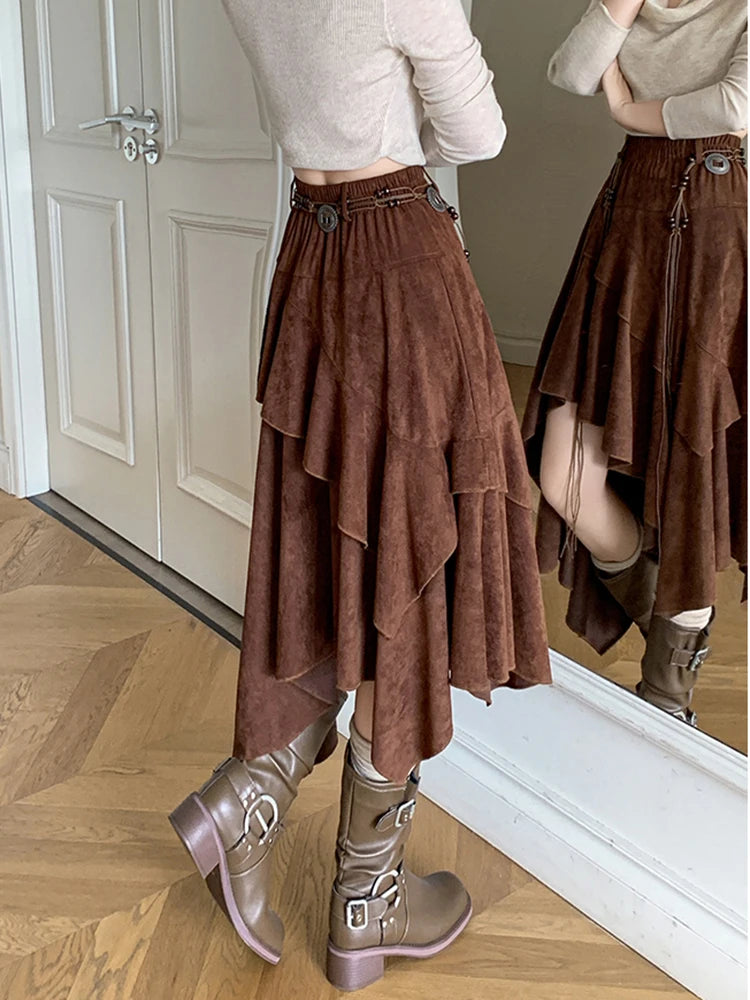 Autumn Winter Suede Asymmetrical Midi Skirt