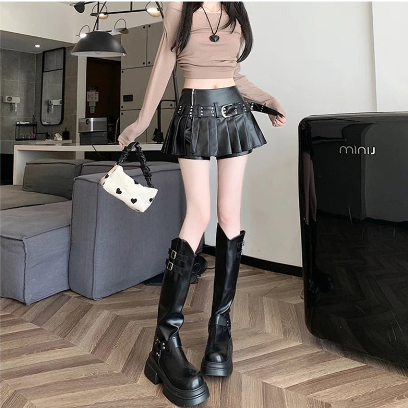 Gothic Pleated Leather Mini Skirt