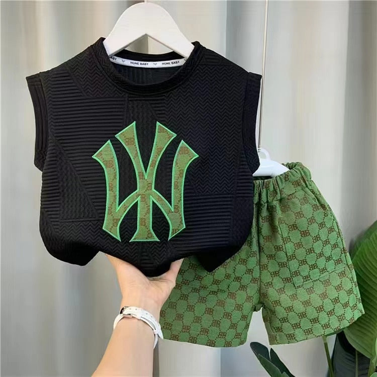 New Boutique Desginer Baby Boys Clothing Summer Sleevelesee Pullover Shirt And Pants 2pcs For Kids 2-8 Years Casual Sport Set
