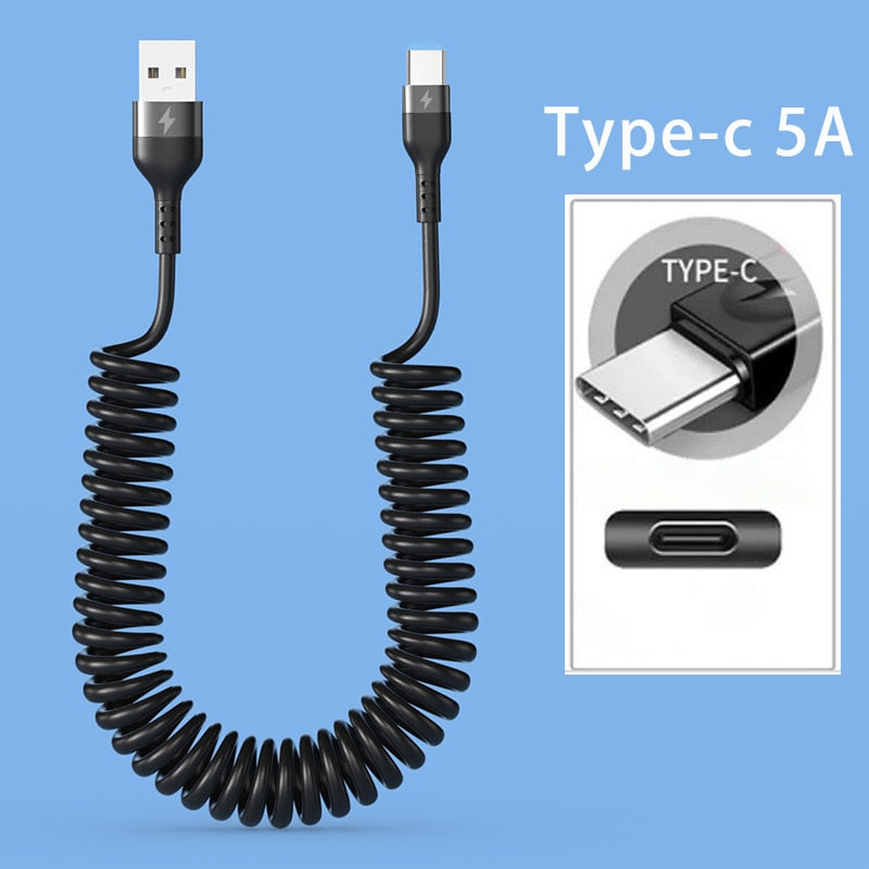 5A 66W Fast Charging USB Type C Cable 3A Micro USB Spring Car Cable For Xiaomi Redmi Samsung Realme Phone Accessories For iPhone