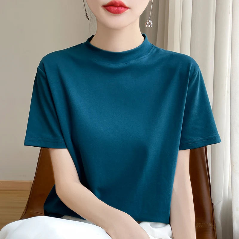 Women’s Semi-High Neck Cotton T-Shirt - Jeglowstore