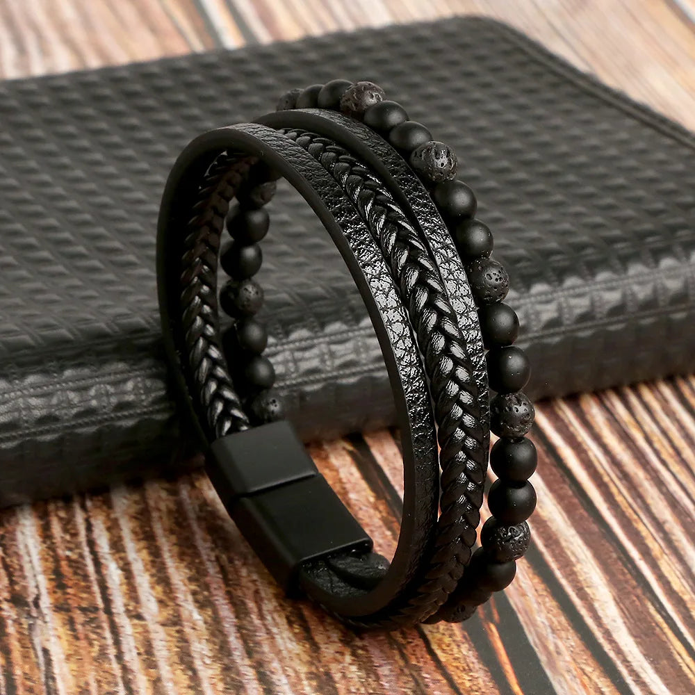Men’s Beaded Leather Bracele - Jeglowstore