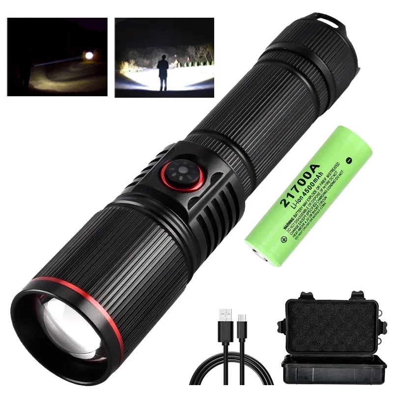 30W White Laser LED Flashlight Zoom Torch USB Rechargeable Light Outdoor Camping Hunting Fishing Walking Riding Lighting Lamp