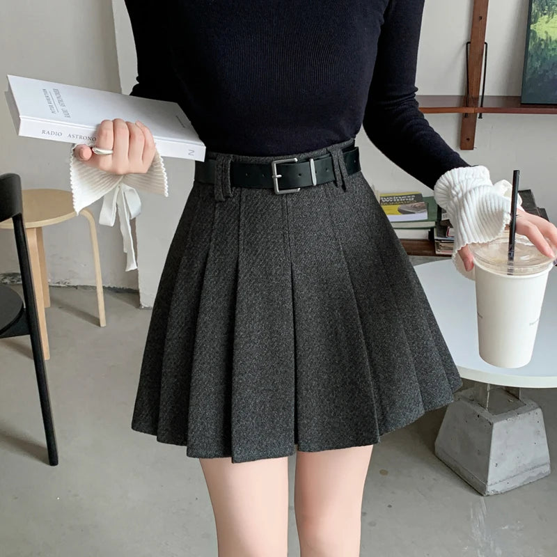 Women’s Vintage High Waist Wool Pleated Mini Skirt - Jeglowstore