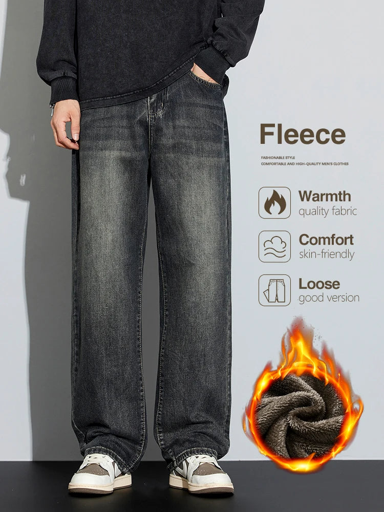 Men’s Korean Fleece Wide Jeans - Jeglowstore