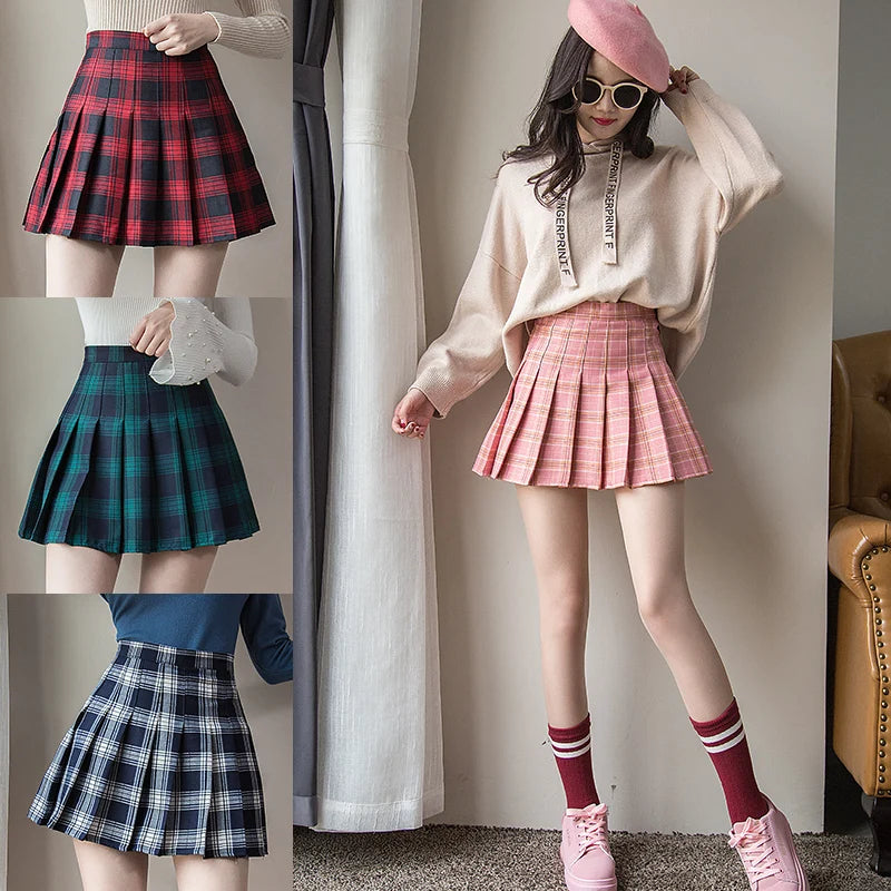 High Waist Plaid Pleated Mini Skirt with Zipper