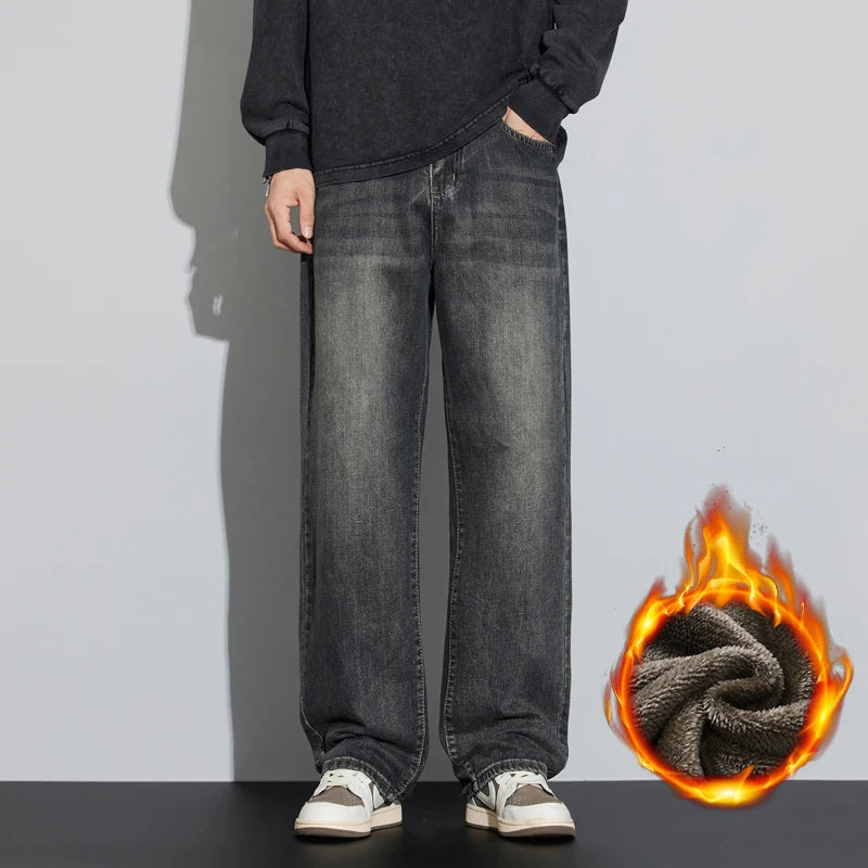 Men’s Korean Fleece Wide Jeans - Jeglowstore