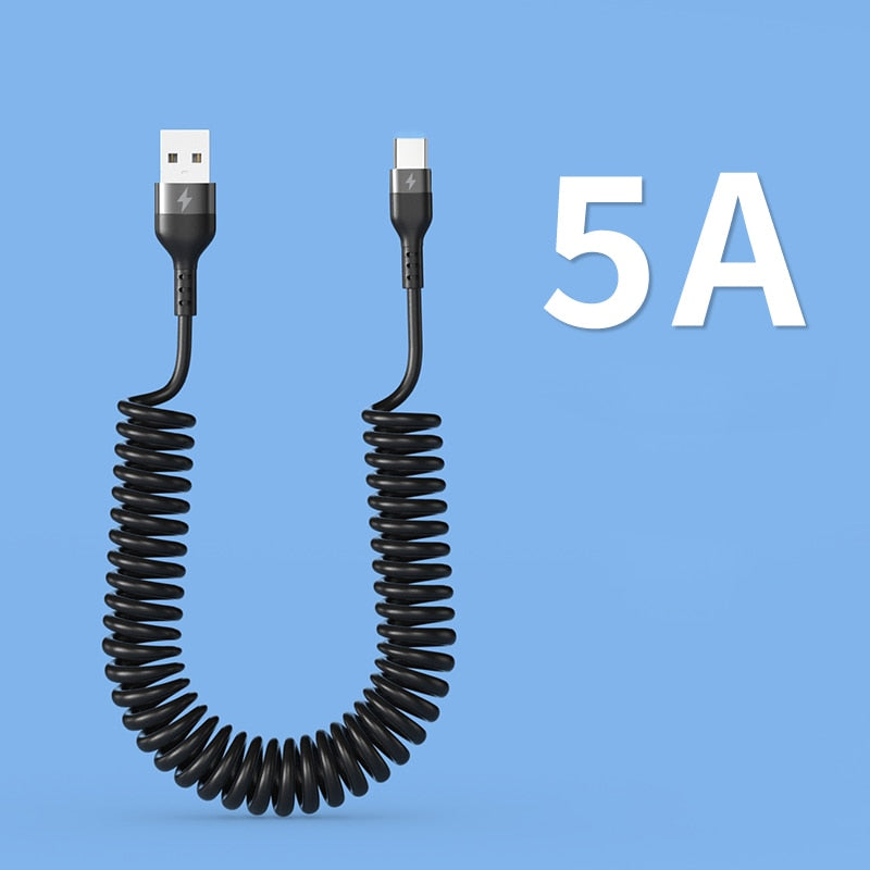 65W 5A Fast Charging Type C Cable Spring Car USB Cable for Samsung Xiaomi Redmi POCO Huawei Honor Phone Accessories USB C Cable