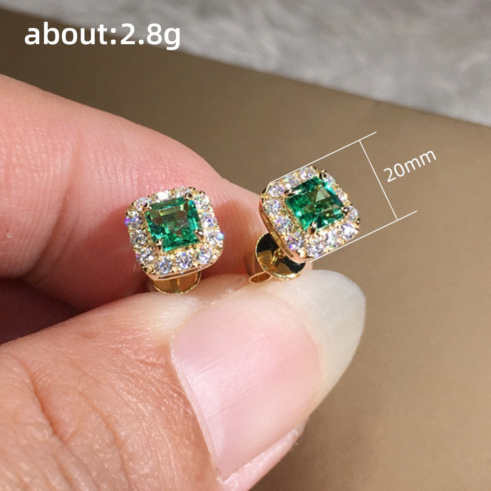 Huitan Eternity Green CZ Stud Earrings for Women Gold Color Luxury Bride Wedding Earrings Elegant Ear Accessories Party Jewelry