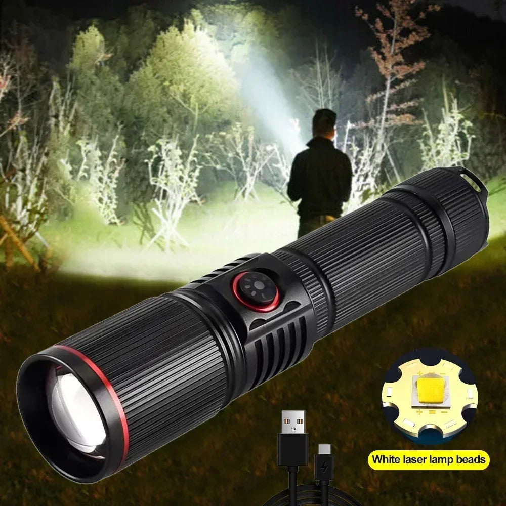 30W White Laser LED Flashlight Zoom Torch USB Rechargeable Light Outdoor Camping Hunting Fishing Walking Riding Lighting Lamp