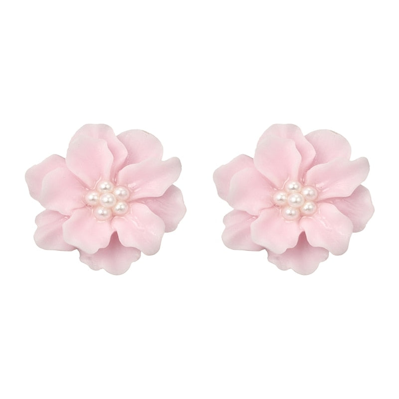 Women Resin Flowers Faux Pearls Earrings Ear Studs Black Red White Flower Women's Earrings Girl Party Stud Acrylic Accessories