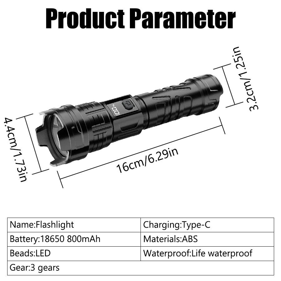 Super Bright LED Flashlight USB Rechargeable Flashlights with Tactical Zoom High Power Spotlight Outdoor Camping Fishing Torch