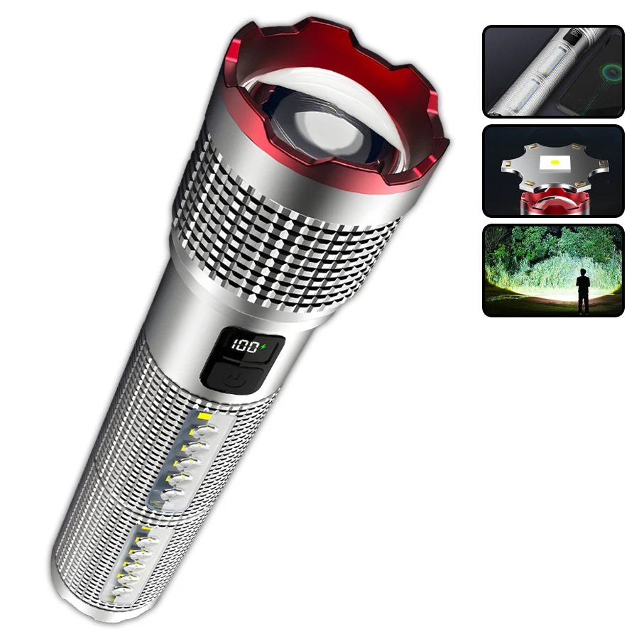 5000 MAH Powerful LED Flashlight Rechargeable Lamp Side Light Waterproof Handheld Torch Outdoor Camping Hiking