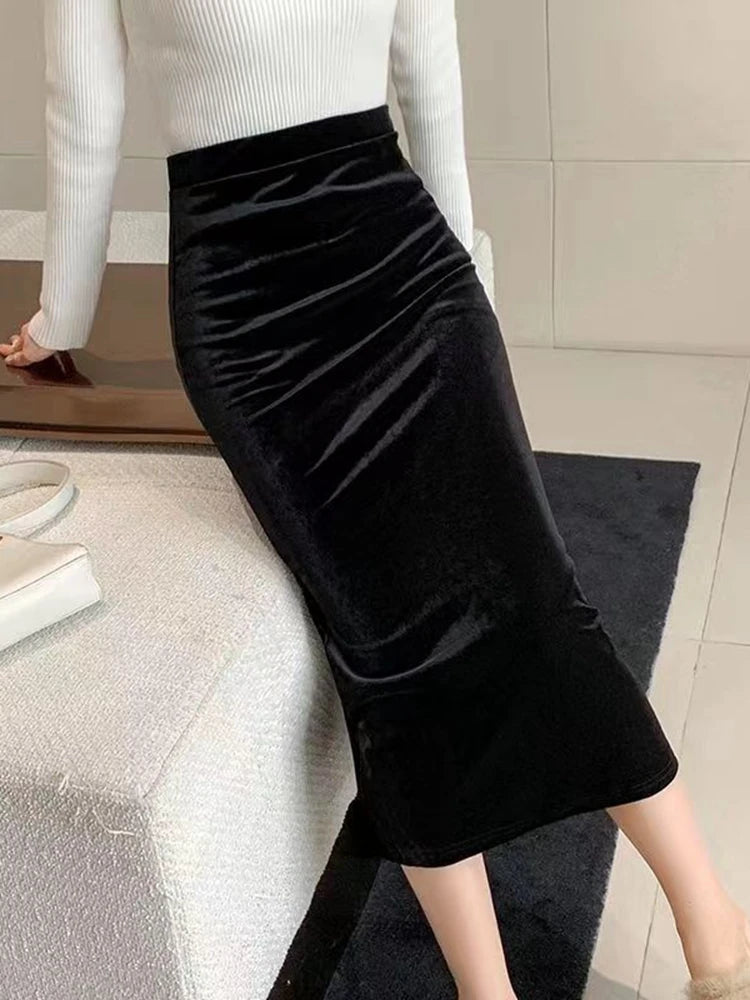 Black Velvet High Waist Midi Skirt - Jeglowstore