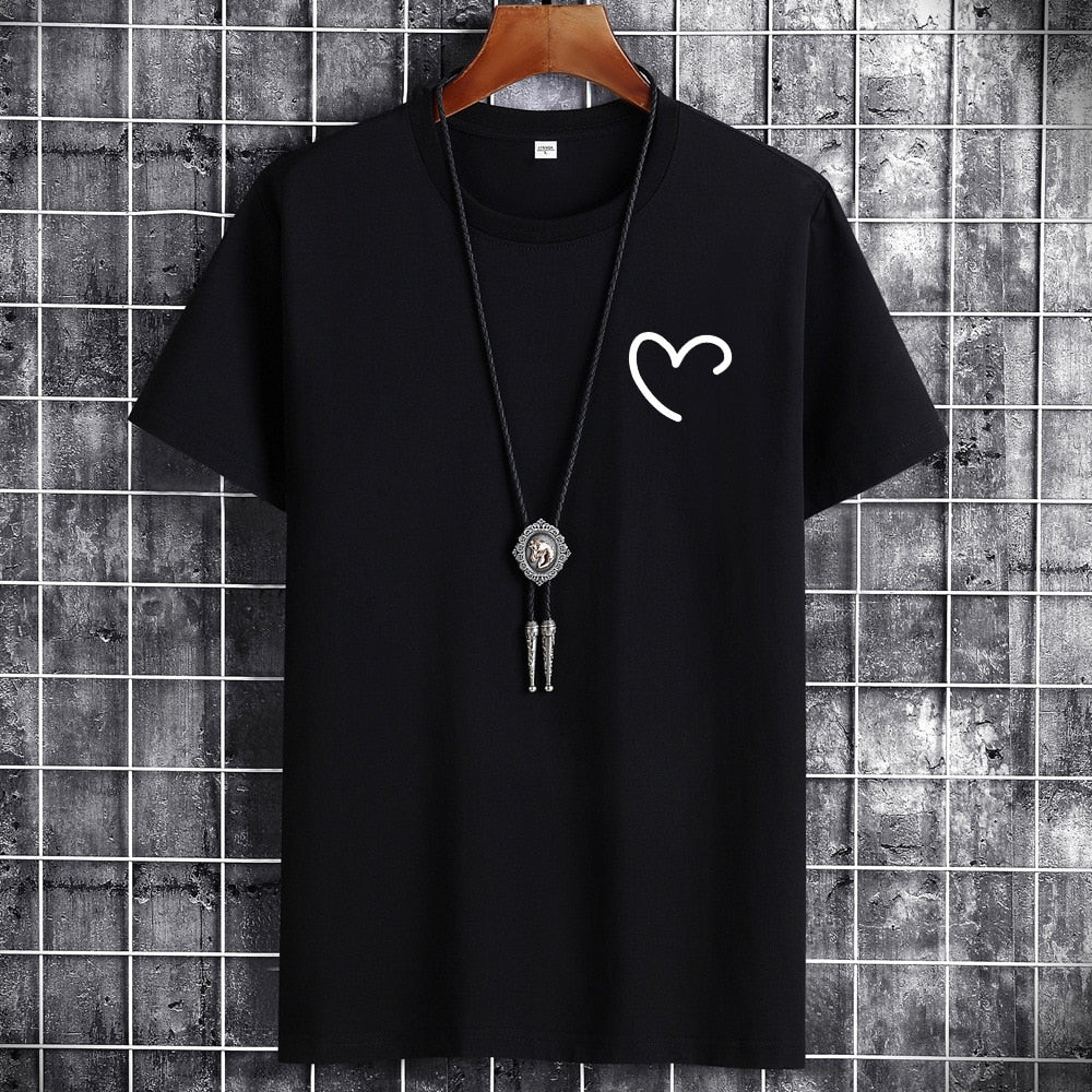 JFUNCY Oversize Summer Men's Cotton Tee Shirts Men Casual T-shirt Simple Love Heart Print Tshirt O-Neck Short Sleeve Man Tops