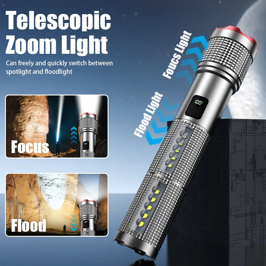 5000 MAH Powerful LED Flashlight Rechargeable Lamp Side Light Waterproof Handheld Torch Outdoor Camping Hiking