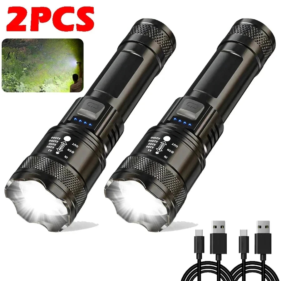 Super Bright LED Flashlight USB Rechargeable Flashlights with Tactical Zoom High Power Spotlight Outdoor Camping Fishing Torch