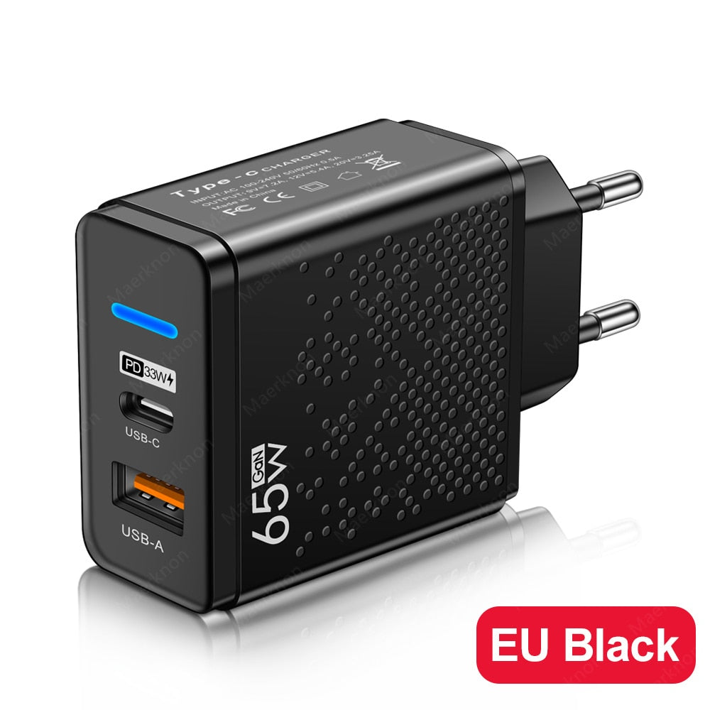 GaN 65W USB C Charger PD Type C Fast Charging Wall Adapter For iPhone 14 13 Xiaomi Samsung Macbook Quick Charge3.0 Phone Charger