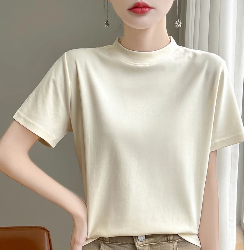 Women’s Semi-High Neck Cotton T-Shirt - Jeglowstore