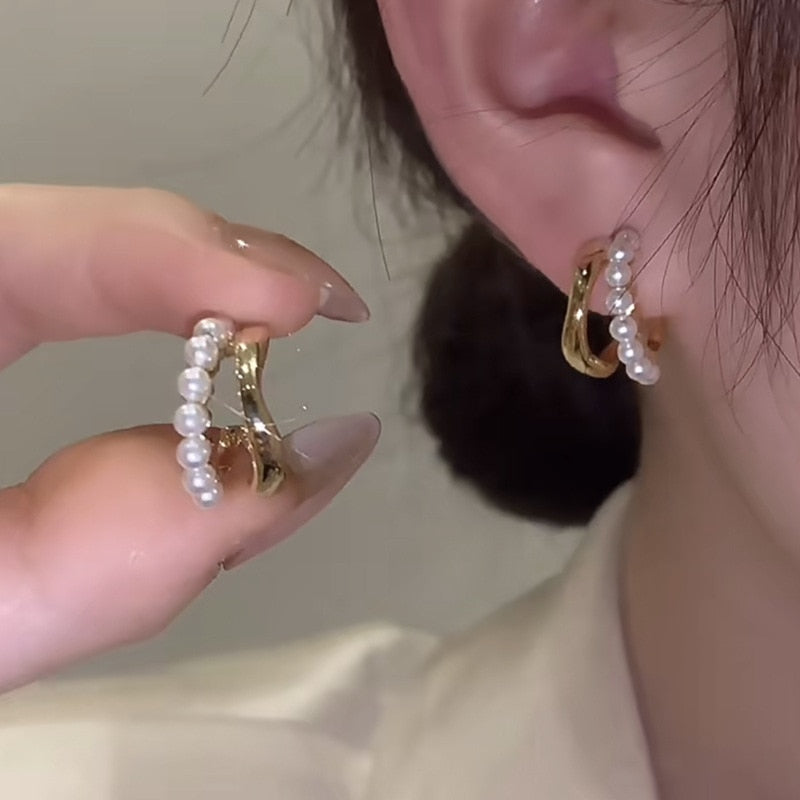 Korean Crystal Earrings Metal Pearl Ear Clips For Women Fashion Ear Claw Earring Girls Elegant Trendy Jewelry Party Gift