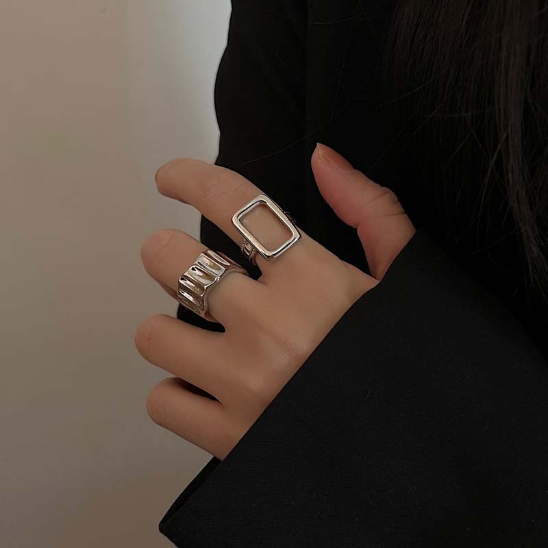 2023 New Arrival Irregular Hollow Silver Color Wide Ring Female Fashion Retro Unique Design Handmade Jewelry Gifts