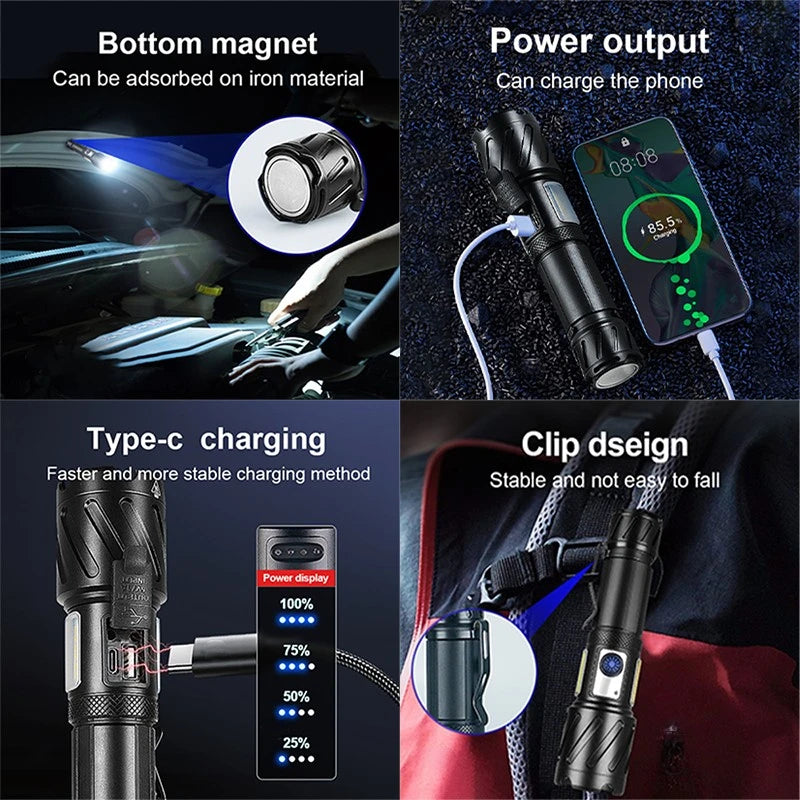 High Power Tactical Torch USB RechargeableLEDPowerful Flashlight with Magnet Tail Metal Clip for Outdoor Sports Camping Lantern - Jeglowstore