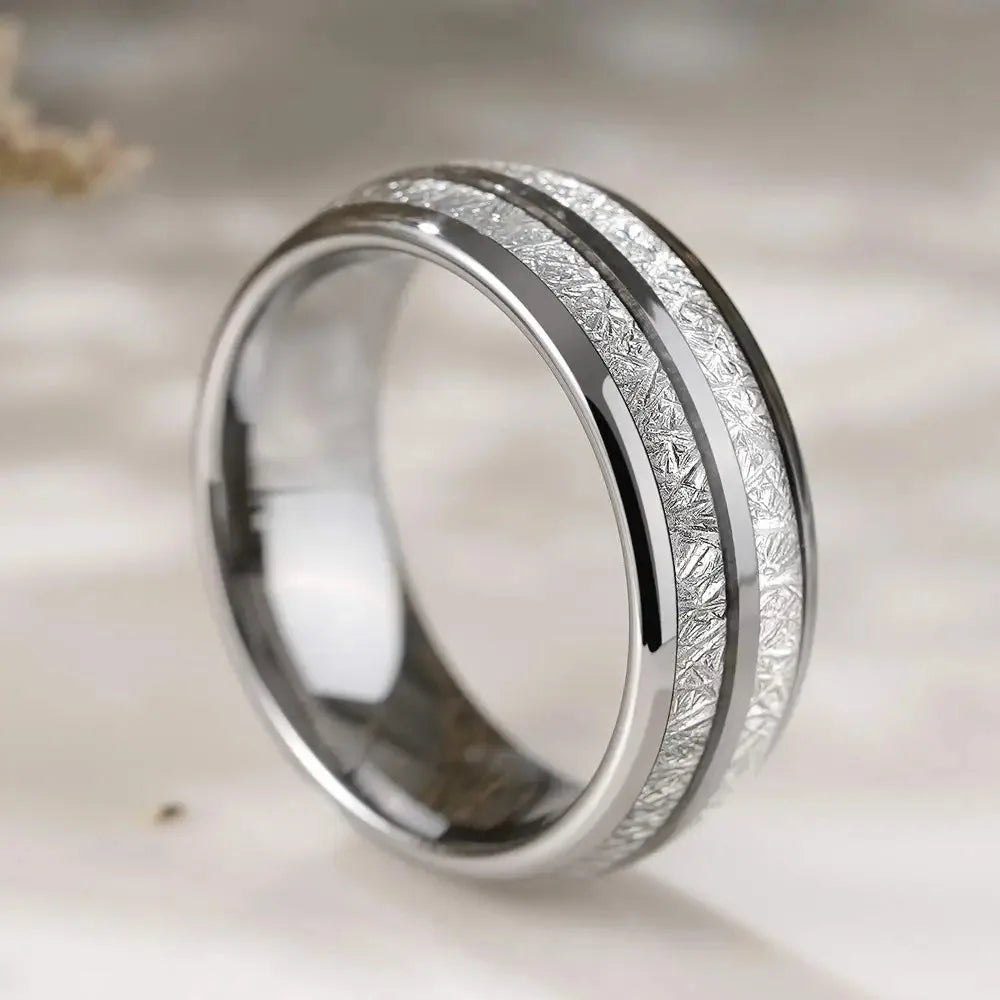 Titanium Wedding Band with Silver Double Groove & Meteorite Inlay - Jeglowstore