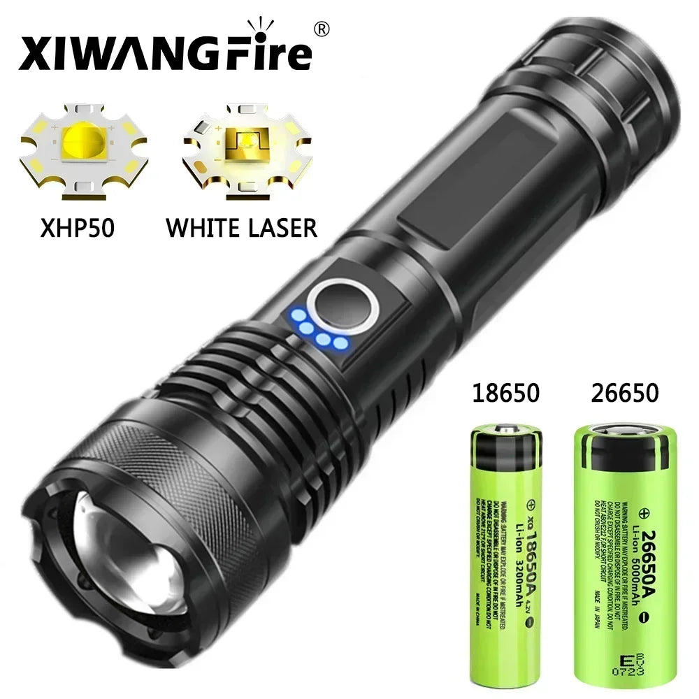 30W White Laser LED Flashlight Zoom Torch USB Rechargeable Light Outdoor Camping Hunting Fishing Walking Riding Lighting Lamp