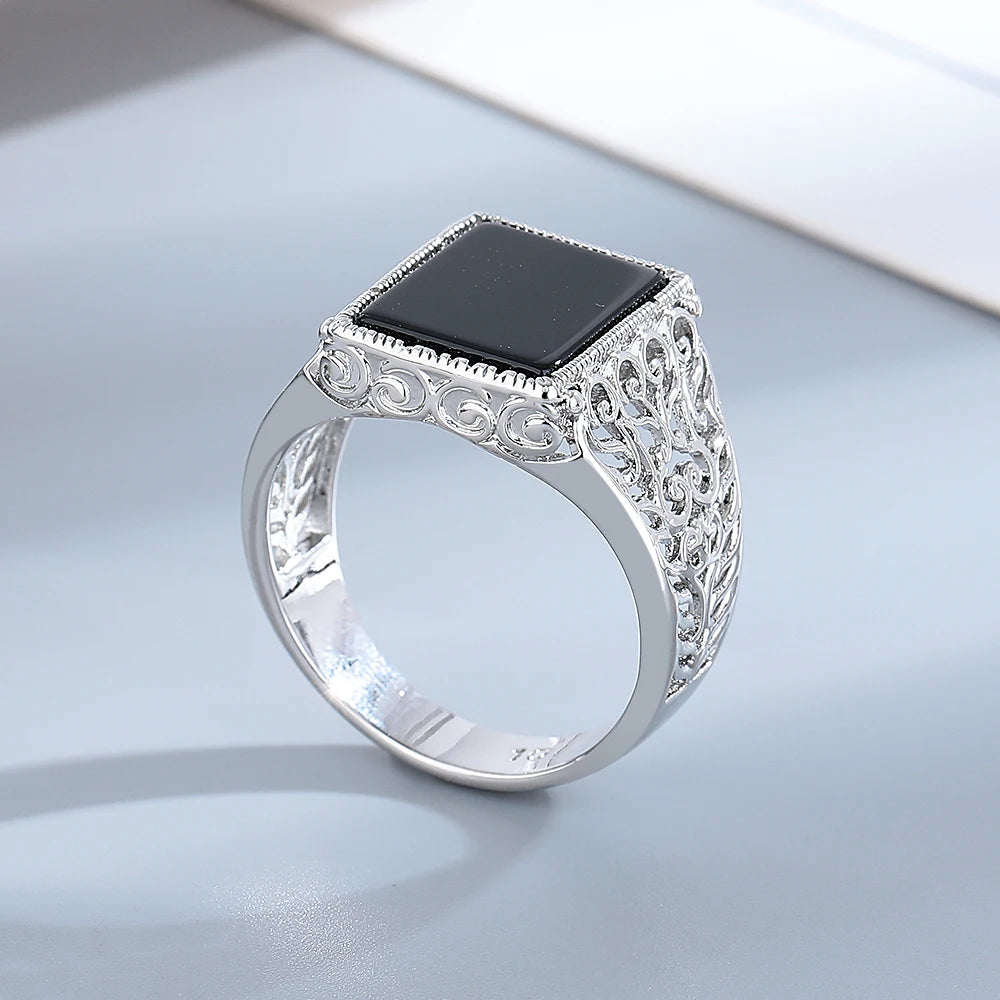 Vintage Black Agate Silver Ring - Jeglowstore