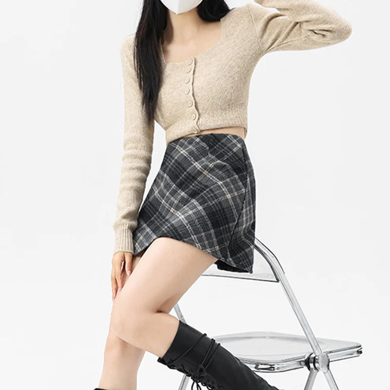 Wool Plaid High Waist Mini Skirt
