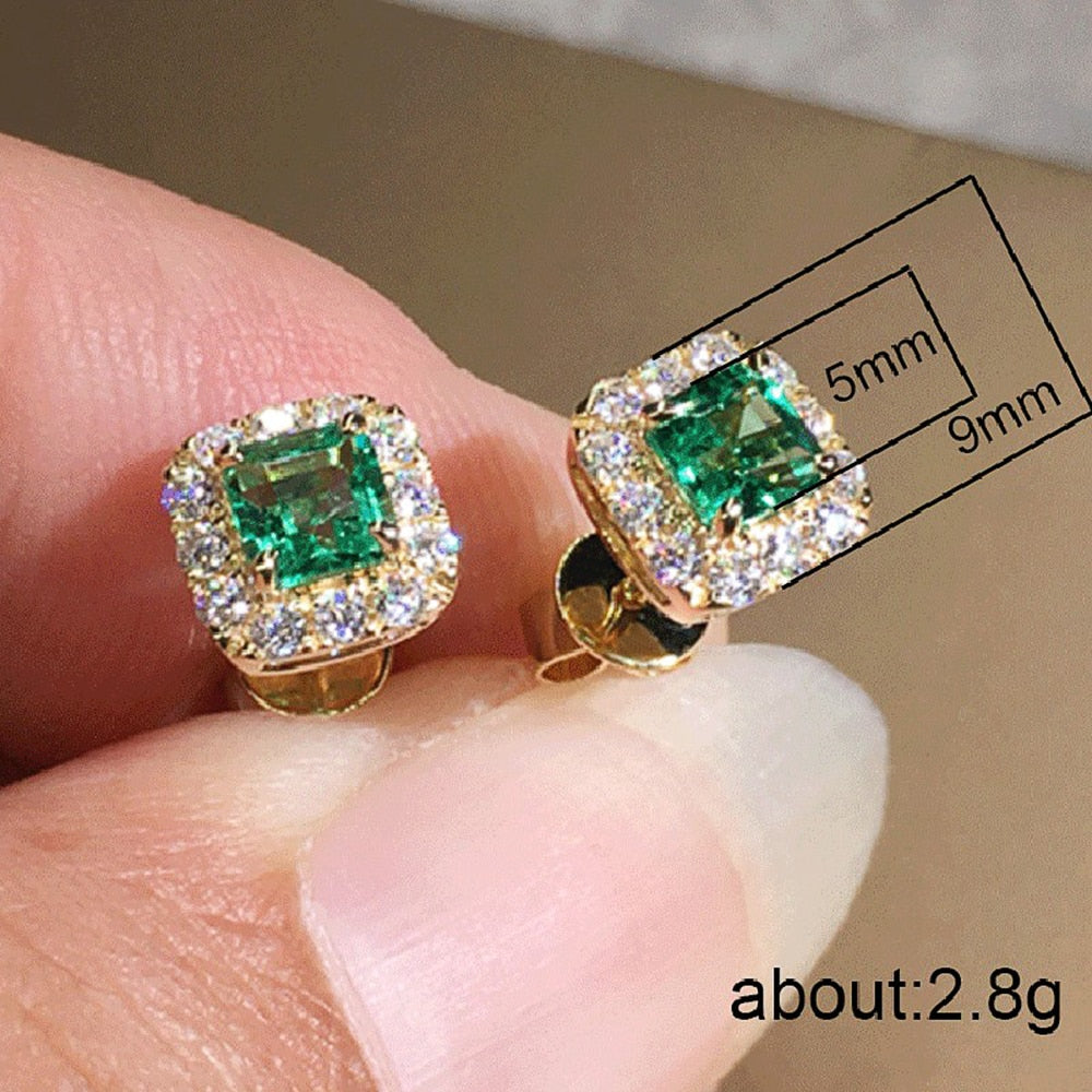 Huitan Eternity Green CZ Stud Earrings for Women Gold Color Luxury Bride Wedding Earrings Elegant Ear Accessories Party Jewelry