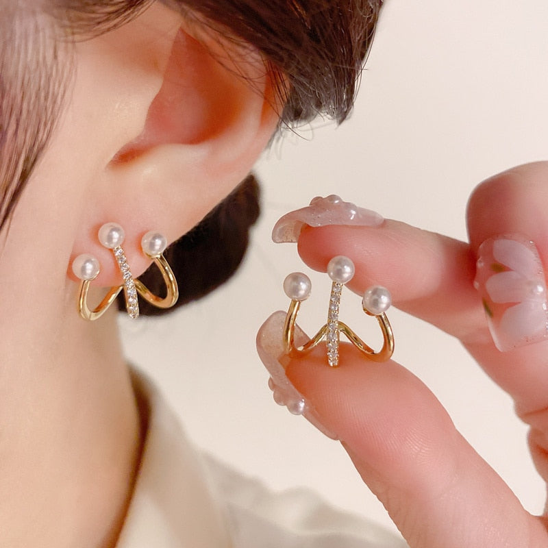 Korean Crystal Earrings Metal Pearl Ear Clips For Women Fashion Ear Claw Earring Girls Elegant Trendy Jewelry Party Gift