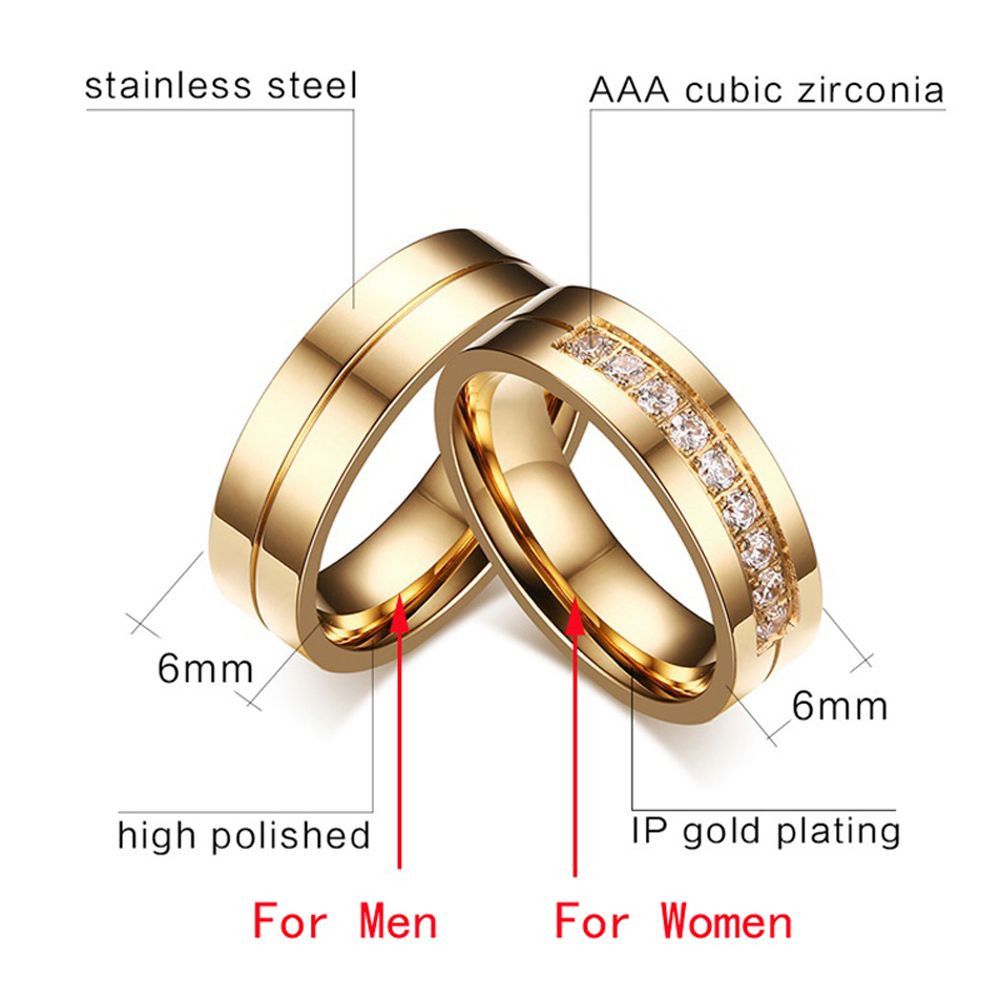 Fashion Women Men Couples AAA CZ Stainless Steel 18K Gold Plated Cubic Zirconia Wedding Band Ring 1pc