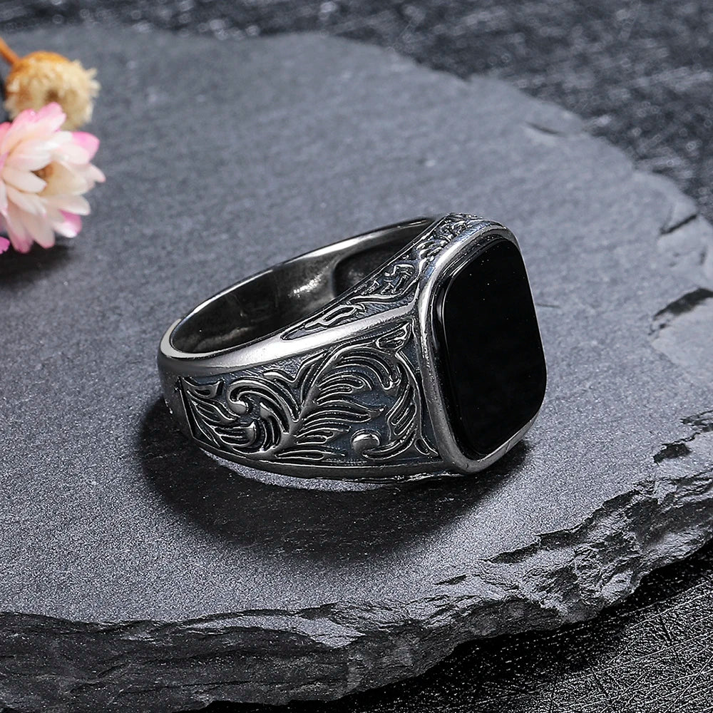 Men’s Black Agate Sterling Silver Ring - Jeglowstore