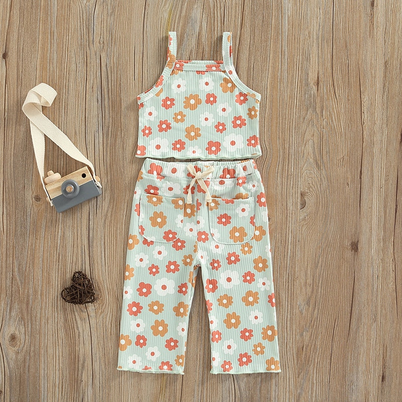Lovely Children Summer Clothing Sets Ribbed Floral Print Sleeveless Tanks Tops+Elastic Waist Pocket Long Pants Casual Outfits
