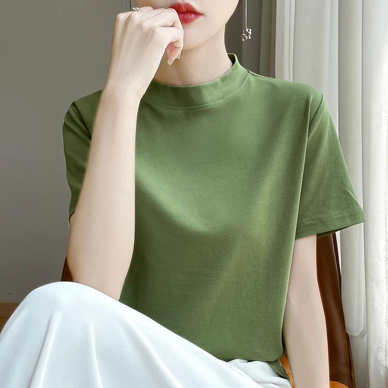 Women’s Semi-High Neck Cotton T-Shirt - Jeglowstore