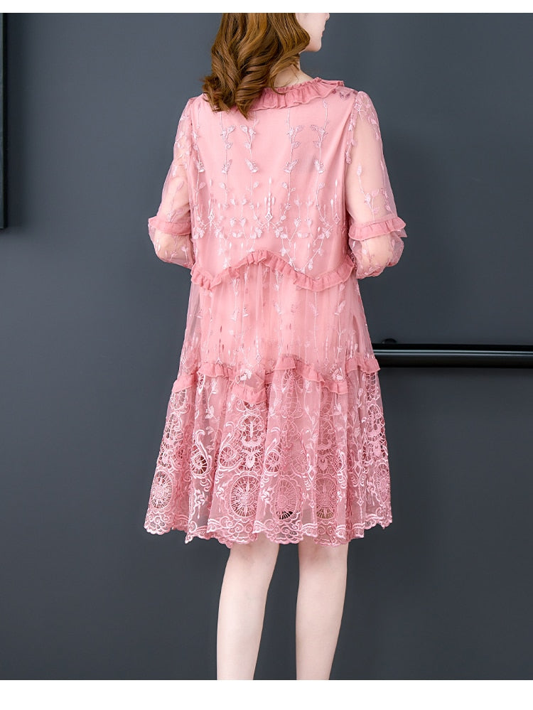 Women's Silk Embroidered Dress 2022 Summer New Large Size Loose Tight Printed Swing Skirt High End Elegant Party Skirt Vestidos