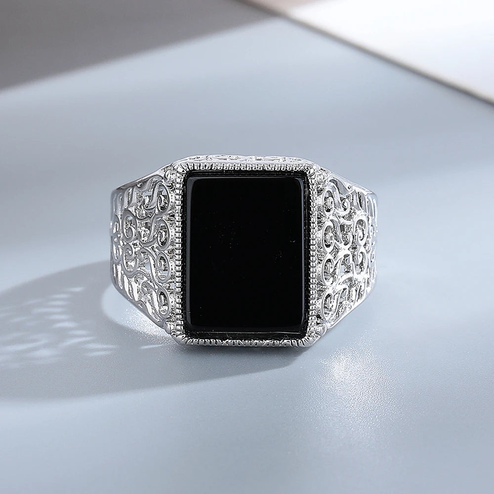 Vintage Black Agate Silver Ring - Jeglowstore