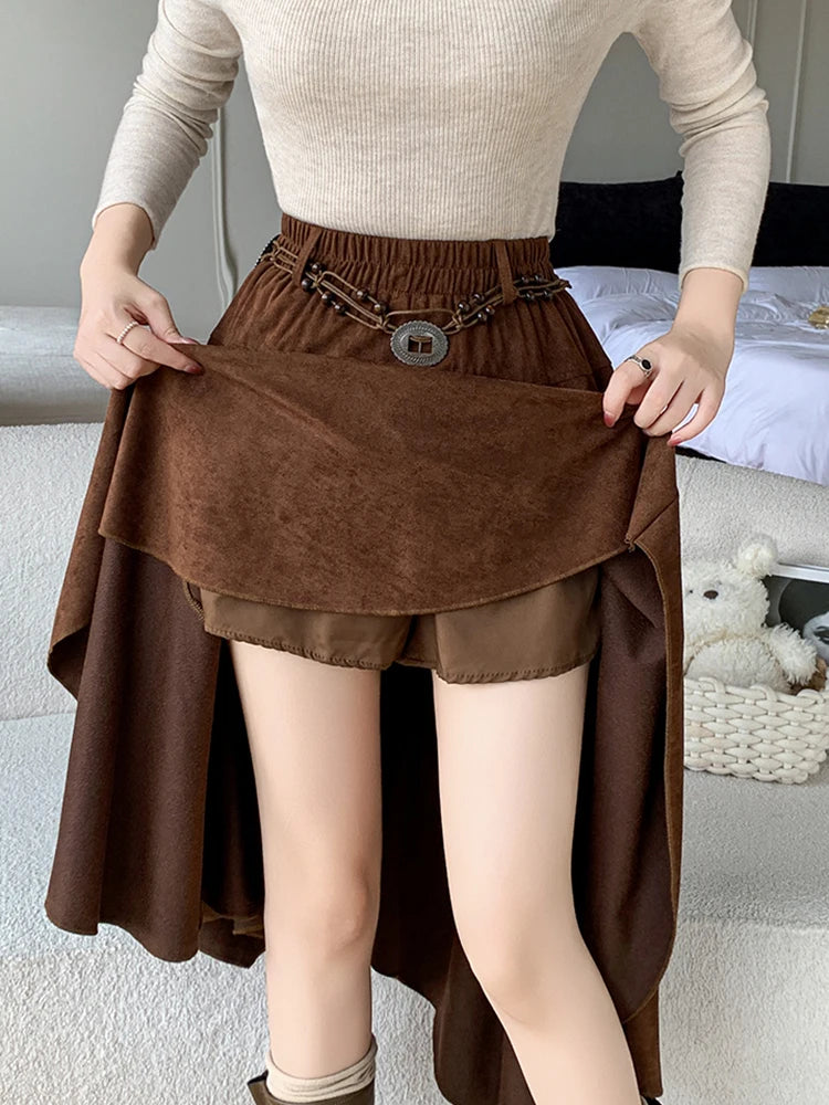 Autumn Winter Suede Asymmetrical Midi Skirt