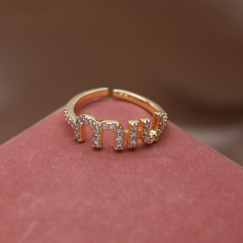 2023 Korean New Design Fashion Jewelry 14K Gold Plated Letter M Zircon Open Ring Elegant Women's Daily Work Accessories