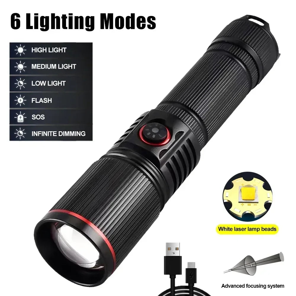 30W White Laser LED Flashlight Zoom Torch USB Rechargeable Light Outdoor Camping Hunting Fishing Walking Riding Lighting Lamp