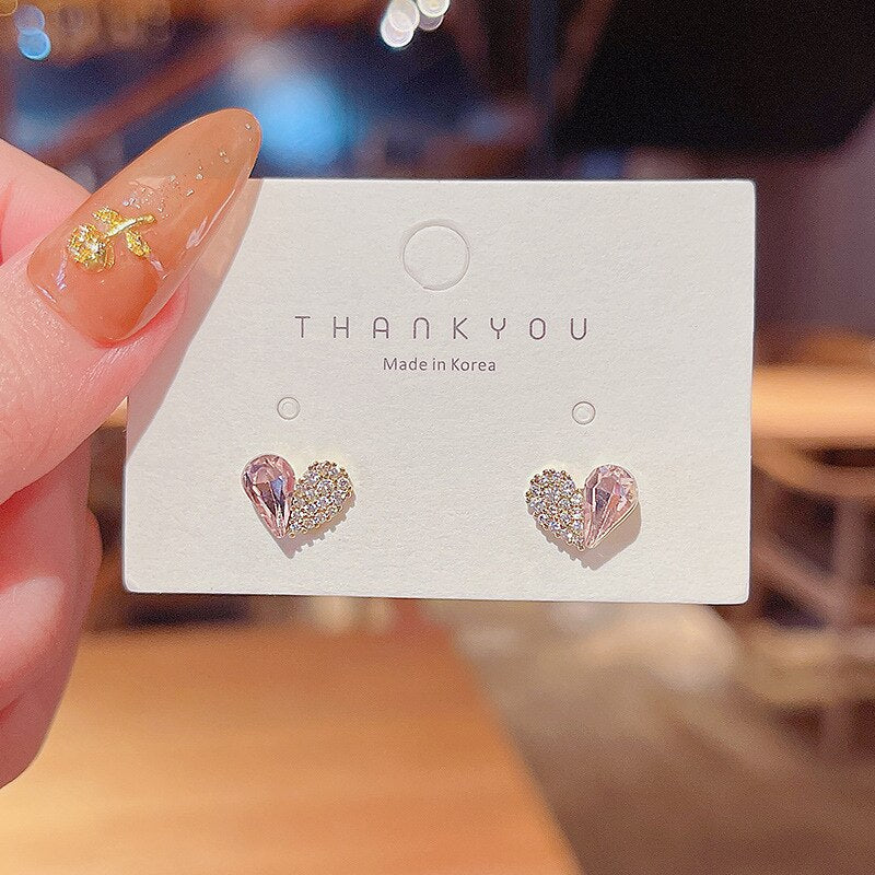 Fashion Rhinestone Stitching Heart Small Stud Earrings Pink Girls Daily Wear Earrings Girl Gift Jewelry 2022