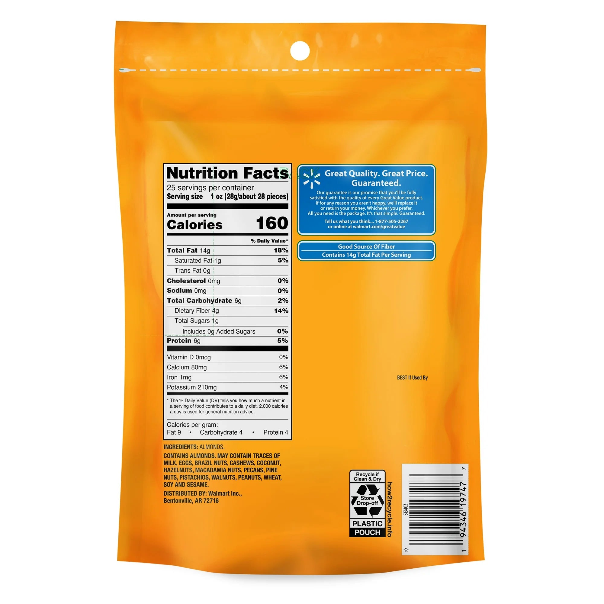 Great Value Natural Whole Almonds, 25 oz