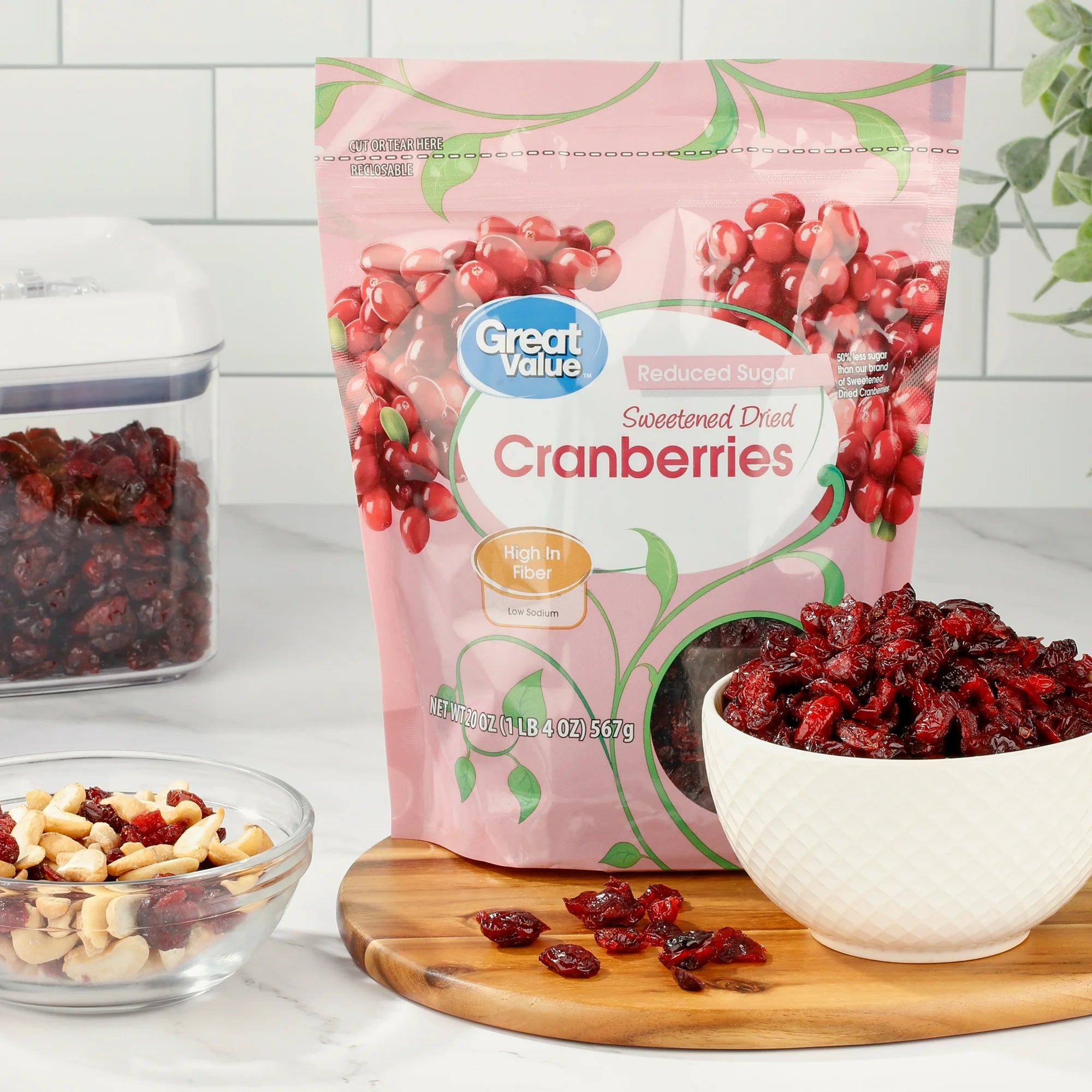 Great Value Reduced Sugar Sweetened Dried Cranberries, Dried Fruit Snacks, 20 oz