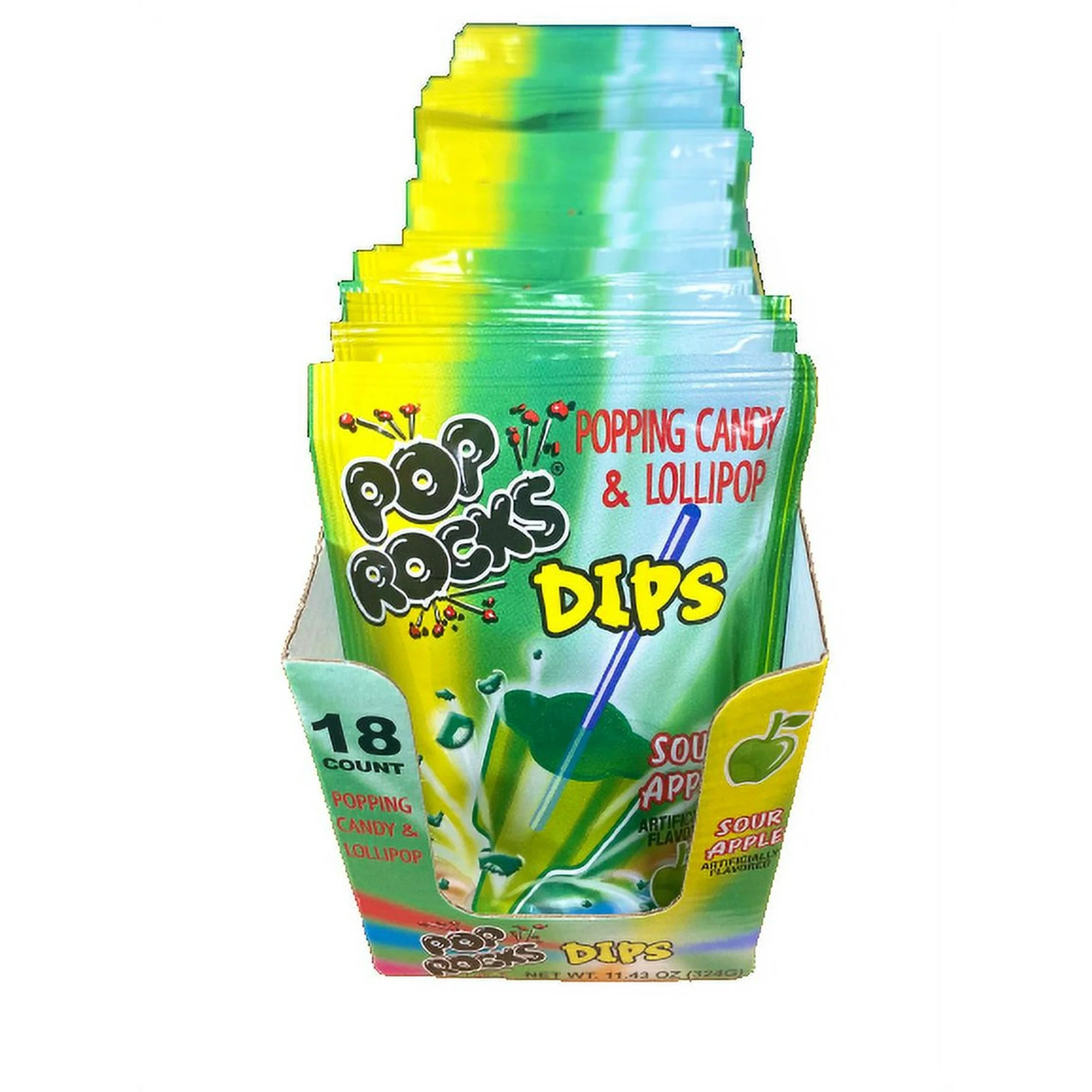 Pop Rocks Dips, Popping Candy & Lollipop, Sour Apple Flavor - 18 Count Display Box