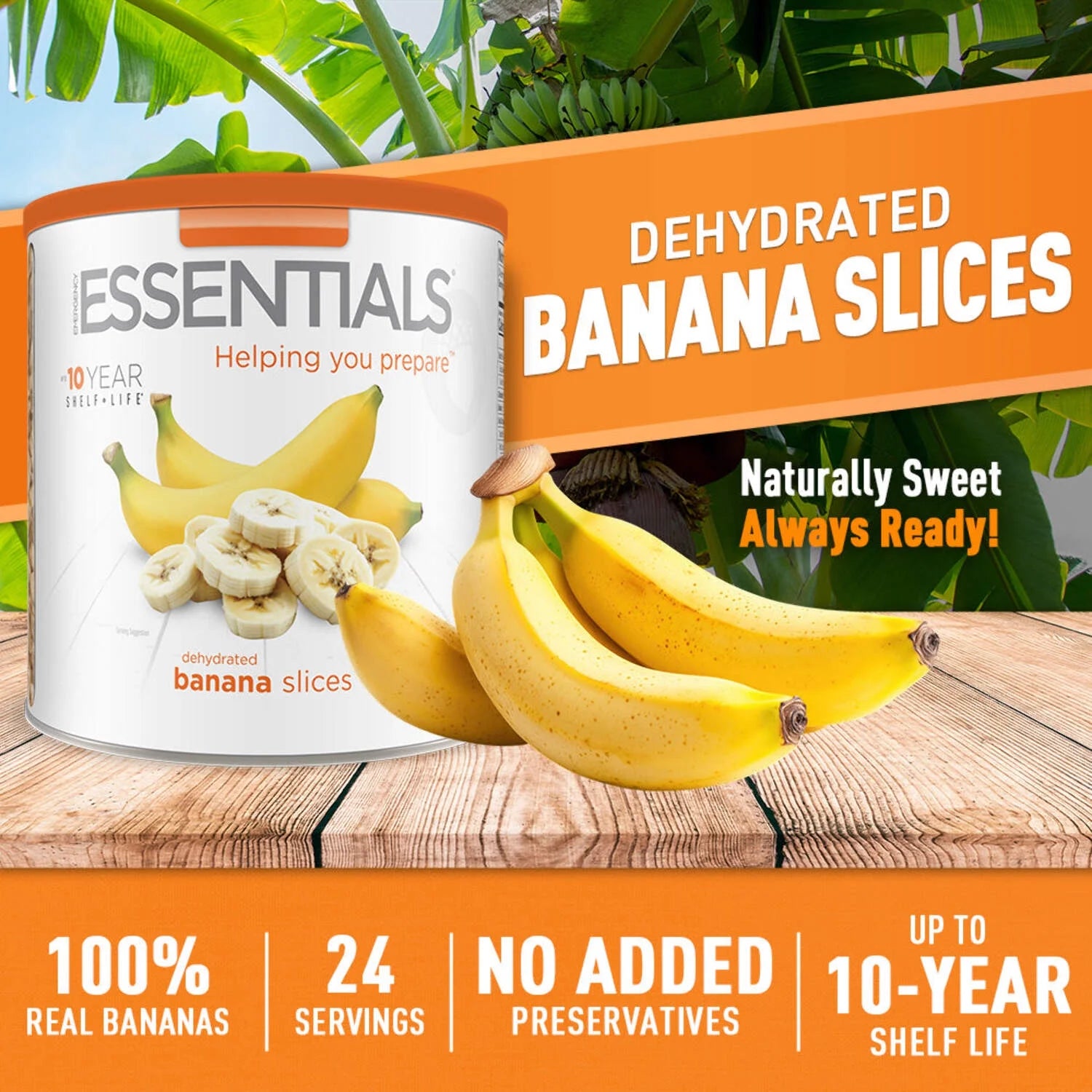 Emergency Essentials, Dehydrated Banana Slices, Emergency Food Supplies, 10-Year Shelf Life, 24 Servings