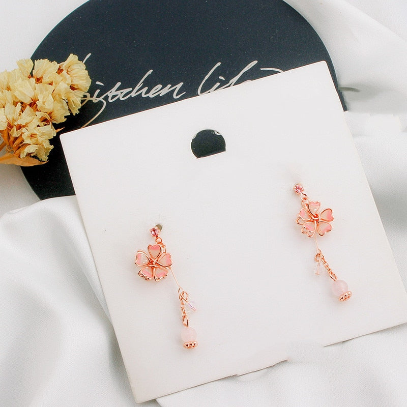 Animal Cat Cherry Blossoms Asymmetrical Earring Party Kitten Jewelry Gifts