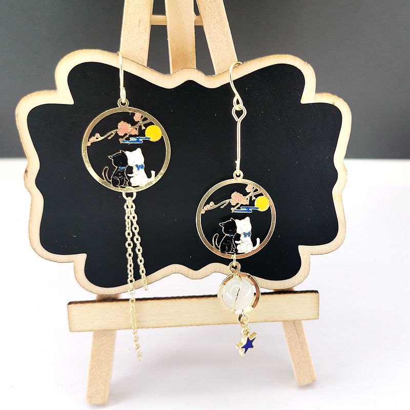 Animal Cat Cherry Blossoms Asymmetrical Earring Party Kitten Jewelry Gifts